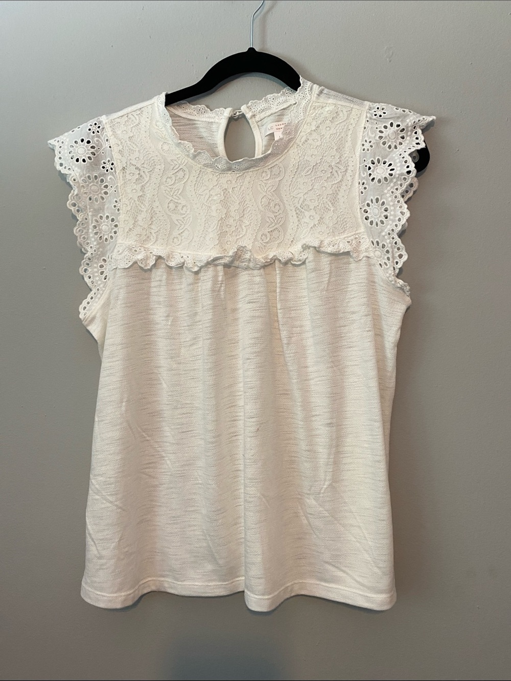 LC Lauren Conrad White Eyelet Lace Yoke Sleeveless Top